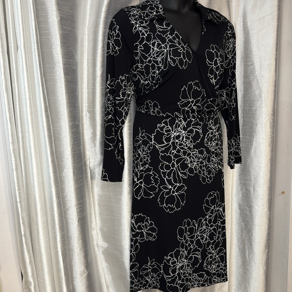 Vince Camuto Floral Black Long Sleeve Stretch Faux Wrap Women’s 2X Midi Dress - Picture 3 of 9